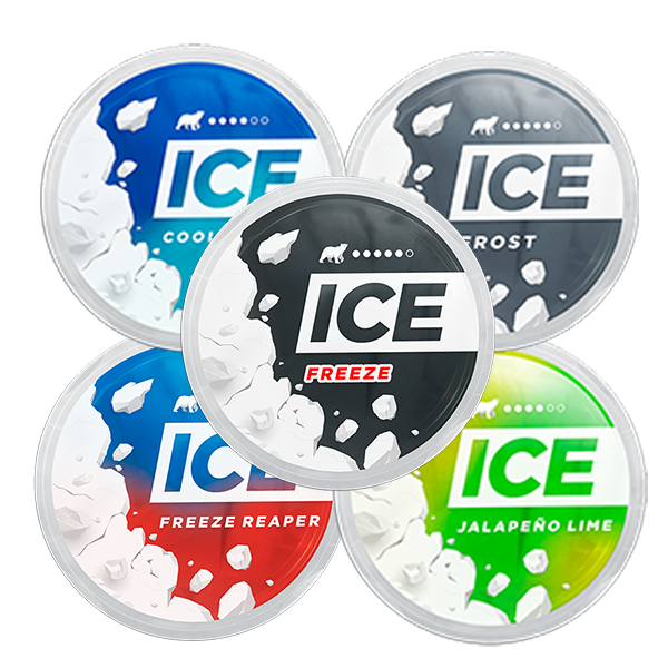ICE Mix - Five round ICE Snus tins in blue, gray, black, red, and green with ice and flavor accents.
